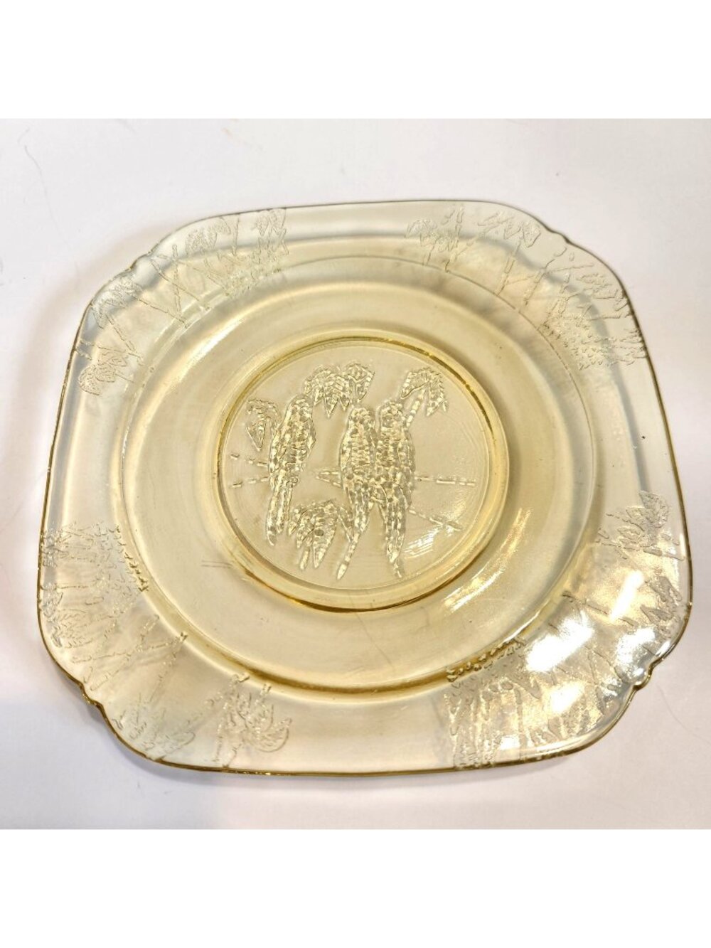 Federal Glass Depression Glass Plate with Sylvan Parrots & Leaves Square Rare